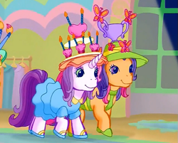 Size: 597x479 | Tagged: safe, screencap, scootaloo (g3), sweetie belle (g3), butterfly, earth pony, pony, unicorn, g3, meet the ponies, rainbow dash's hat fashion party, candle, clothes, cupcake, dress, duo, food, hat, heart, high heels, shoes, sun hat, trophy