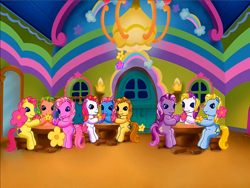 Size: 900x675 | Tagged: safe, screencap, applejack (g3), bumblesweet (g3), merriweather, moondancer (g3), piccolo, pinkie pie (g3), puzzlemint, sunny daze (g3), wysteria, earth pony, pony, g3, meet the ponies, rainbow dash's hat fashion party, crowd, cute, diacolos, female, flower, g3 bumbledorable, g3 dancerbetes, g3 dazeabetes, g3 diapinkes, g3 jackabetes, g3 merriweawwwther, interior, mare, puzzlebetes, wysteriadorable