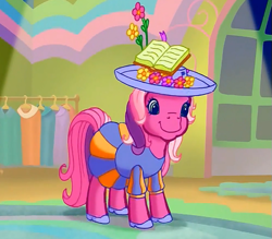 Size: 623x545 | Tagged: safe, screencap, cheerilee (g3), earth pony, pony, g3, meet the ponies, rainbow dash's hat fashion party, book, clothes, dress, flower, hat, high heels, shoes, solo, spotlight