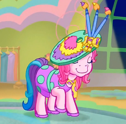 Size: 572x565 | Tagged: safe, screencap, toola-roola, earth pony, pony, g3, meet the ponies, rainbow dash's hat fashion party, bow, bowing, clothes, dress, eyes closed, hair bow, hat, high heels, necktie, paint, paintbrush, shoes