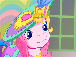 Size: 900x675 | Tagged: safe, screencap, toola-roola, earth pony, pony, g3, meet the ponies, rainbow dash's hat fashion party, bow, clothes, cute, dress, hair bow, paint, roolabetes, solo