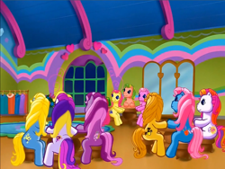 Size: 900x675 | Tagged: safe, screencap, applejack (g3), bumblesweet (g3), merriweather, moondancer (g3), piccolo, pinkie pie (g3), puzzlemint, spring parade, sunny daze (g3), wysteria, earth pony, pony, g3, meet the ponies, rainbow dash's hat fashion party, crowd, interior, sitting, table