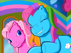 Size: 900x675 | Tagged: safe, screencap, pinkie pie (g3), rainbow dash (g3), earth pony, pony, g3, meet the ponies, rainbow dash's hat fashion party, duo, excited, eyes closed, happy, lip bite, looking at someone, raised hoof, raised hooves