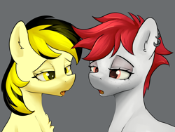 Size: 4000x3000 | Tagged: safe, artist:dumbwoofer, oc, oc:leslie fair, oc:molly tov, earth pony, pony, chest fluff, ear fluff, ear piercing, earring, jewelry, kissing, lidded eyes, looking into each others eyes, open mouth, piercing, simple background