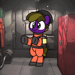 Size: 564x564 | Tagged: safe, artist:sugar morning, oc, oc only, oc:wyntermoon, earth pony, pony, air tank, animated, beanie, bipedal, clothes, dancing, gif, hat, hazmat suit, lethal company, male, multicolored hair, solo, stallion
