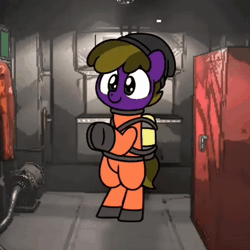 Size: 640x640 | Tagged: safe, artist:sugar morning, oc, oc only, oc:wyntermoon, earth pony, pony, air tank, animated, beanie, bipedal, clothes, dancing, hat, hazmat suit, lethal company, male, multicolored hair, music, solo, stallion