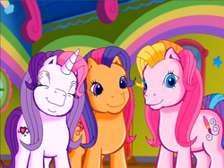 Size: 900x675 | Tagged: safe, screencap, scootaloo (g3), sweetie belle (g3), toola-roola, earth pony, pony, unicorn, g3, meet the ponies, rainbow dash's hat fashion party, eyes closed, smiling, trio