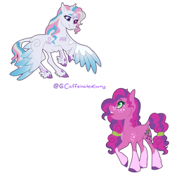 Size: 1825x1862 | Tagged: safe, artist:caffeinatedcarny, derpibooru exclusive, skywishes, star catcher, earth pony, pegasus, pony, g3, coat markings, colored wings, duo, feathered fetlocks, female, flying, freckles, gradient wings, hair tie, heterochromia, mare, markings, redesign, simple background, socks (coat markings), tattoo, transparent background, unshorn fetlocks, wings