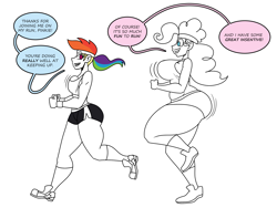 Size: 2100x1575 | Tagged: safe, artist:chillguydraws, artist:thicc-verse, pinkie pie, rainbow dash, human, g4, bouncing, bouncing breasts, breasts, busty pinkie pie, busty rainbow dash, clothes, converse, dialogue, duo, duo female, female, humanized, jogging, partial color, shoes, shorts, simple background, speech bubble, sweatband, white background