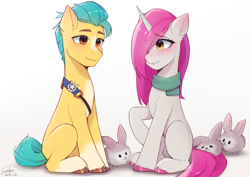 Size: 3508x2480 | Tagged: safe, artist:xiaowu07, hitch trailblazer, primrose (g5), earth pony, pony, rabbit, unicorn, g5, my little pony: a maretime bay adventure, animal, blushing, clothes, critter magnet, cute, eyebrows, eyebrows visible through hair, female, high res, looking at each other, looking at someone, male, mare, sash, scarf, sheriff's badge, ship:hitchrose, shipping, shy, simple background, sitting, smiling, smiling at each other, stallion, straight, white background