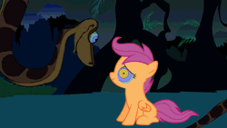 Size: 1920x1080 | Tagged: safe, artist:ocean lover, edit, edited screencap, screencap, scootaloo, pegasus, pony, python, snake, g4, animated, coiling, coils, disney, female, filly, foal, forest, forest background, forked tongue, gif, hypno eyes, hypnosis, hypnotized, kaa, kaa eyes, looking at each other, looking at someone, nature, open mouth, short hair, sitting, slit pupils, snake eyes, snake tail, swirly eyes, tail, trance, tree, wings, wrapping, youtube link, zoom in