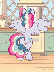Size: 448x598 | Tagged: safe, artist:skysorbett, oc, oc only, oc:sky sorbet, pegasus, pony, animated, bipedal, both cutie marks, butt, butt shake, cooking, curly hair, curly mane, dancing, female, gif, kitchen, mare, multicolored hair, multicolored mane, pegasus oc, plot, solo, tail, tail wag