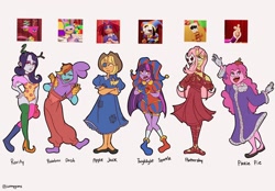 Size: 1554x1080 | Tagged: safe, artist:glitch (smg4), artist:wormy_gums, applejack, fluttershy, pinkie pie, rainbow dash, rarity, twilight sparkle, ambiguous species, hagwarders, human, humanoid, hybrid, original species, rabbit, anthro, g4, animal, animal costume, animate object, blush sticker, blushing, breasts, bunny costume, chess piece, cleavage, clothes, costume, crossover, dress, female, gangle, group, hat, humanized, jax (tadc), jester, jester hat, jester outfit, kinger, leotard, living doll, living toy, mane six, mask, overalls, pomni, pony coloring, ragatha, ragdoll, ribbon, robes, sextet, signature, simple background, the amazing digital circus, toy, white background, zolo-toy, zooble