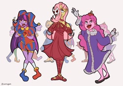 Size: 1554x1080 | Tagged: safe, artist:wormy_gums, applejack, fluttershy, pinkie pie, rainbow dash, rarity, twilight sparkle, human, g4, animal costume, blush sticker, blushing, bunny costume, clothes, costume, crossover, dress, female, gangle, hat, humanized, jax (tadc), jester, jester hat, jester outfit, kinger, mane six, mask, pomni, pony coloring, ragatha, ribbon, robes, signature, simple background, the amazing digital circus, trio focus, white background, zooble, zoom layer