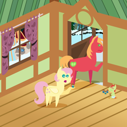 Size: 2160x2160 | Tagged: safe, anonymous artist, big macintosh, fluttershy, oc, oc:late riser, earth pony, pegasus, pony, series:fm holidays, series:hearth's warming advent calendar 2023, g4, advent calendar, alternate hairstyle, baby, baby pony, boots, christmas, colt, confused, cookie, door, eating, eyes closed, female, fluttershy's cottage, foal, food, high res, holiday, hoof hold, lineless, male, mare, offspring, parent:big macintosh, parent:fluttershy, parents:fluttermac, pointy ponies, ponified, ship:fluttermac, shipping, shoes, short mane, sinterklaas, smiling, snow, stallion, straight, winter