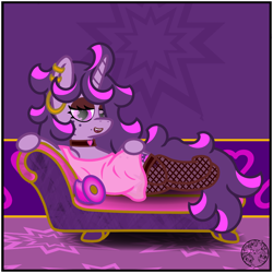 Size: 2000x2000 | Tagged: safe, artist:dice-warwick, oc, oc only, oc:fizzy fusion pop, pony, unicorn, fallout equestria, bedroom eyes, choker, clothes, ear piercing, earring, fainting couch, female, fishnet stockings, freckles, high res, jewelry, long mane, mare, piercing, pillow, see-through, solo, wide hips