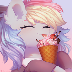 Size: 1936x1936 | Tagged: safe, artist:floweryoutoday, oc, oc only, oc:blazey sketch, bow, chocolate, clothes, commission, food, gradient background, grey fur, hair bow, ice cream, icon, multicolored hair, shading, smiling, solo, strawberry, sweater, ych result