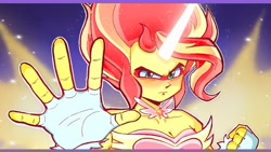 Size: 1920x1080 | Tagged: safe, artist:inkydotz, sunset shimmer, human, equestria girls, g4, my little pony equestria girls: friendship games, breasts, cleavage, clothes, commission, daydream shimmer, dragon ball, dragon ball z, female, fingerless gloves, fist, gloves, solo, style emulation