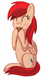 Size: 692x1200 | Tagged: safe, artist:lindasaurie, derpibooru exclusive, oc, oc only, oc:scarlet fury, pegasus, pony, 2024 community collab, derpibooru community collaboration, ^^, blushing, colored lineart, cookie, eating, eye clipping through hair, eyes closed, female, food, mare, pegasus oc, simple background, sitting, solo, transparent background, wings
