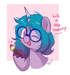 Size: 1598x1698 | Tagged: safe, artist:skylinepony_, izzy moonbow, pony, unicorn, g5, alternate hairstyle, bust, colored hooves, cute, dialogue, female, glasses, happy, hoof hold, izzybetes, looking at you, mare, one eye closed, open mouth, open smile, paintbrush, passepartout, round glasses, short mane, smiling, smiling at you, solo, wink, winking at you
