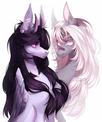 Size: 1817x2160 | Tagged: safe, artist:meggychocolatka, oc, oc only, earth pony, original species, pegasus, pony, bandaid, bandaid on nose, choker, commission, duo, ear fluff, ear piercing, earring, female, heart, heart eyes, horns, jewelry, lesbian, mare, oc x oc, piercing, shipping, simple background, white background, wingding eyes