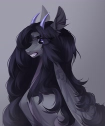 Size: 3108x3694 | Tagged: safe, artist:meggychocolatka, oc, oc only, original species, pegasus, pony, commission, eye clipping through hair, eyebrows, eyebrows visible through hair, female, gray background, gritted teeth, high res, horns, mare, simple background, solo, teeth