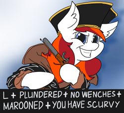 Size: 1227x1121 | Tagged: safe, artist:ponny, oc, oc only, oc:silverfoot, earth pony, pony, clothes, colored, gun, hat, meme origin, pirate, solo, text, weapon