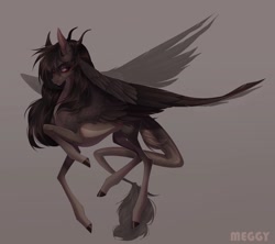 Size: 2048x1822 | Tagged: safe, artist:meggychocolatka, oc, oc only, original species, pegasus, pony, black sclera, concave belly, female, gray background, horns, leonine tail, mare, simple background, solo, tail, thin