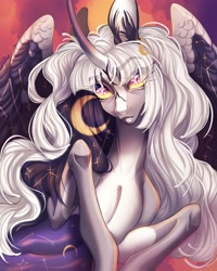 Size: 3134x3908 | Tagged: safe, artist:meggychocolatka, oc, oc only, alicorn, pony, alicorn oc, constellation freckles, curved horn, ear piercing, earring, female, freckles, hair accessory, high res, horn, jewelry, mare, piercing, solo, starry eyes, thin, wingding eyes, wings