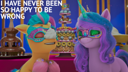 Size: 1920x1080 | Tagged: safe, edit, edited screencap, editor:quoterific, screencap, hitch trailblazer, izzy moonbow, earth pony, pony, unicorn, g5, my little pony: make your mark, my little pony: make your mark chapter 4, the manesquerade ball, spoiler:g5, spoiler:my little pony: make your mark, spoiler:my little pony: make your mark chapter 4, spoiler:mymc04e05, chocolate fountain, cream, cute, duo, duo male and female, dyed mane, dyed tail, eyes closed, eyeshadow, fabulous, female, hitchbetes, hoof on chest, izzybetes, makeup, male, mare, mask, open mouth, open smile, reaction image, smiling, sparkly, stallion, tail