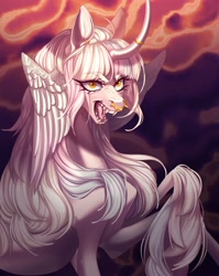 Size: 3188x4000 | Tagged: safe, artist:meggychocolatka, oc, oc only, pony, unicorn, abstract background, curved horn, ear piercing, earring, eye clipping through hair, eyebrows, eyebrows visible through hair, female, head wings, horn, horn ring, jewelry, leonine tail, lip piercing, mare, nose piercing, nose ring, piercing, ring, sharp teeth, snake bites, solo, tail, teeth, thin, wings