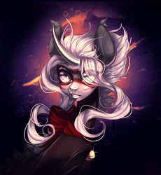 Size: 3270x3553 | Tagged: safe, artist:meggychocolatka, oc, oc only, pony, unicorn, bell, bell collar, bowtie, collar, curved horn, eye clipping through hair, eyebrows, eyebrows visible through hair, female, high res, horn, mare, solo