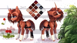 Size: 2560x1433 | Tagged: safe, artist:meggychocolatka, oc, oc only, pony, unicorn, concave belly, curved horn, eyebrow slit, eyebrows, female, flower, freckles, harness, horn, mare, reference sheet, solo, thin