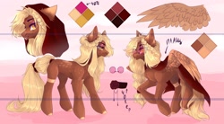 Size: 2560x1417 | Tagged: safe, artist:meggychocolatka, oc, oc only, earth pony, pegasus, pony, braid, chest fluff, choker, clothes, concave belly, female, freckles, glasses, hoodie, mare, reference sheet, scar, solo, thin, wingless