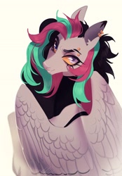 Size: 2648x3808 | Tagged: safe, artist:meggychocolatka, oc, oc only, pegasus, pony, commission, ear piercing, earring, eyebrow piercing, female, high res, jewelry, looking at you, looking back, looking back at you, mare, piercing, simple background, solo, thin, white background