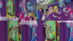 Size: 2000x1125 | Tagged: safe, edit, edited screencap, editor:quoterific, screencap, applejack, discord, fluttershy, pinkie pie, rainbow dash, rarity, celestial advice, g4, cup, equestrian pink heart of courage, teacup, twilight's castle