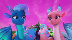 Size: 520x293 | Tagged: safe, screencap, fountain (g5), tumble (g5), dragon, g5, my little pony: make your mark, my little pony: make your mark chapter 6, the isle of scaly, spoiler:g5, spoiler:my little pony: make your mark, spoiler:my little pony: make your mark chapter 6, spoiler:mymc06e01, animated, dragoness, female, gif, male, the isle of scaly (location)