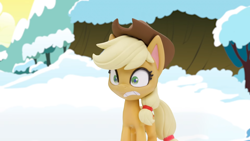 Size: 1920x1080 | Tagged: safe, screencap, applejack, earth pony, pony, g4.5, my little pony: stop motion short, snowball fight (short), cute, nervous, snow, solo