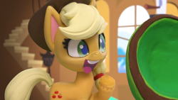 Size: 1920x1080 | Tagged: safe, screencap, applejack, earth pony, pony, fluttershy's hiccups, g4.5, my little pony: stop motion short, cute, fluttershy's cottage (interior), smiling, solo