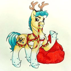 Size: 1048x1048 | Tagged: safe, artist:mintytreble, part of a set, hitch trailblazer, deer, earth pony, pony, reindeer, g5, antlers, bells, christmas, halter, harness, holiday, jingle bells, male, reins, santa sack, simple background, snow, solo, stallion, tack, traditional art, white background