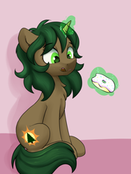 Size: 3000x4000 | Tagged: safe, artist:dumbwoofer, oc, oc:pine shine, pony, unicorn, chest fluff, donut, female, food, licking, licking lips, magic, magic aura, mare, simple background, sitting, solo, telekinesis, tongue out