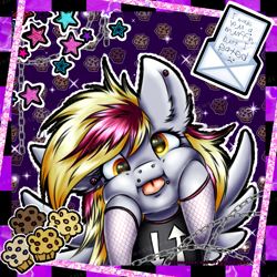 Size: 2039x2039 | Tagged: safe, artist:sweetpea-and-friends, derpy hooves, pegasus, pony, g4, ear piercing, emo, female, food, high res, lip piercing, mare, marespace, muffin, myspace, piercing, scene, silly, silly pony, solo, tongue out