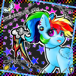 Size: 2039x2039 | Tagged: safe, artist:sweetpea-and-friends, rainbow dash, pegasus, pony, g4, bow, choker, ear piercing, emo, female, hair bow, high res, lip piercing, mare, marespace, myspace, piercing, ponytail, scene, solo, tongue out, wonderbolts