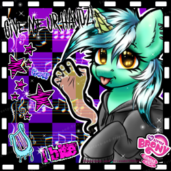 Size: 2039x2039 | Tagged: safe, artist:sweetpea-and-friends, lyra heartstrings, pony, unicorn, g4, clothes, coontails, ear piercing, eyebrow piercing, female, hand, high res, hoodie, lip piercing, magic, magic hands, mare, marespace, my little brony, myspace, piercing, rawr, solo, that pony sure does love hands, tongue out
