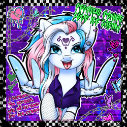 Size: 2039x2039 | Tagged: safe, artist:sweetpea-and-friends, star catcher, pegasus, pony, g3, clothes, devil horn (gesture), ear piercing, emo, feather fingers, female, fishnet stockings, high res, jacket, leather, leather jacket, leather vest, mare, marespace, myspace, piercing, pride, pride flag, punk, scene, scene kid, solo, tongue out, tongue piercing, transgender, transgender pride flag, vest, wing hands, wings