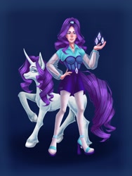Size: 2304x3072 | Tagged: safe, artist:chococoffe, rarity, human, pony, unicorn, g4, alternate hairstyle, belt, blue background, clothes, cute, duo, female, high heels, high res, human ponidox, humanized, mare, raised hoof, raribetes, self paradox, self ponidox, shirt, shoes, shorts, simple background, stockings, thigh highs, unshorn fetlocks