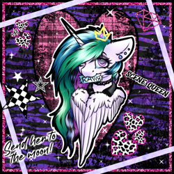 Size: 2039x2039 | Tagged: safe, artist:sweetpea-and-friends, princess celestia, alicorn, pony, g4, choker, chokerlestia, clothes, coontails, ear piercing, emo, female, heart wings, high res, jacket, leather, leather jacket, makeup, mare, marespace, myspace, piercing, princess, rawr, scene, scenelestia, solo, wing hands, wings