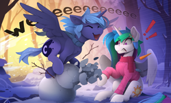 Size: 2460x1475 | Tagged: safe, artist:yakovlev-vad, princess celestia, princess luna, alicorn, pony, g4, carrot, chest fluff, clothes, cross-popping veins, cute, duo, duo female, ear fluff, emanata, exclamation point, eye clipping through hair, eyebrows, eyebrows visible through hair, eyes closed, female, food, gritted teeth, horn, mare, open mouth, open smile, outdoors, royal sisters, s1 luna, scarf, shrunken pupils, siblings, sisters, sitting, smiling, snow, snowman, spread wings, stick, sweater, teeth, this will end in a trip to the moon, weapons-grade cute, weeeeeeee, wings, winter