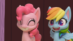 Size: 1920x1080 | Tagged: safe, screencap, pinkie pie, rainbow dash, earth pony, pegasus, pony, g4.5, my little pony: stop motion short, pie assembly line (short), cute, duo, grin, smiling