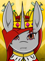 Size: 1248x1680 | Tagged: safe, artist:hno3, oc, oc only, oc:queen argynnis, changeling, changeling queen, equestria at war mod, equestria rises still (equestria at war submod), bust, changeling queen oc, clothes, crown, crystal, fangs, female, fur coat, jewelry, military uniform, plane, portrait, red changeling, red mane, regalia, solo, uniform